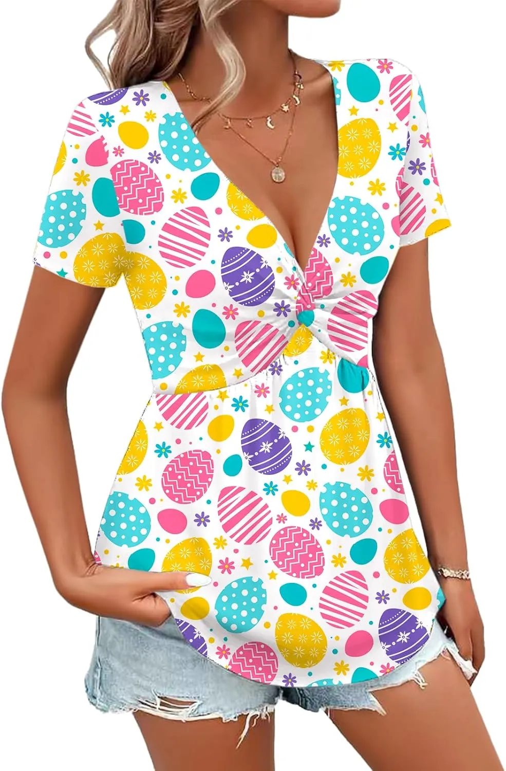 Deerose Women 4th of July Short Sleeve Shirt Patriotic V Neck Front Knotted Tunic Tops