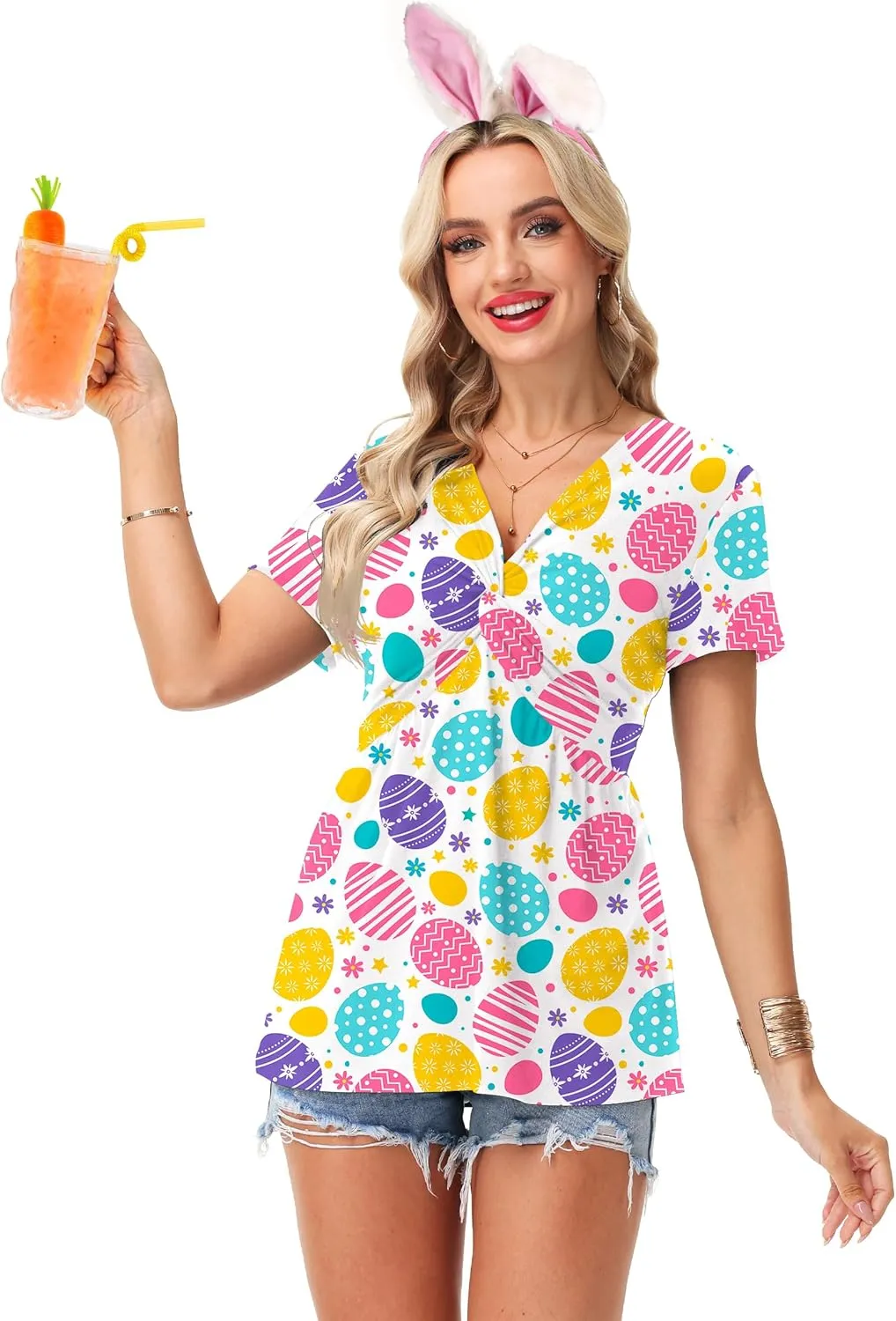 Deerose Women 4th of July Short Sleeve Shirt Patriotic V Neck Front Knotted Tunic Tops
