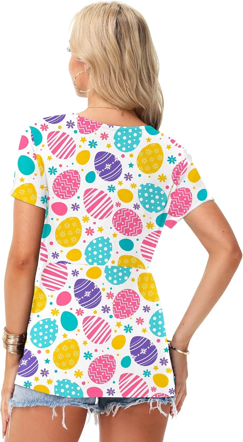 Deerose Women 4th of July Short Sleeve Shirt Patriotic V Neck Front Knotted Tunic Tops