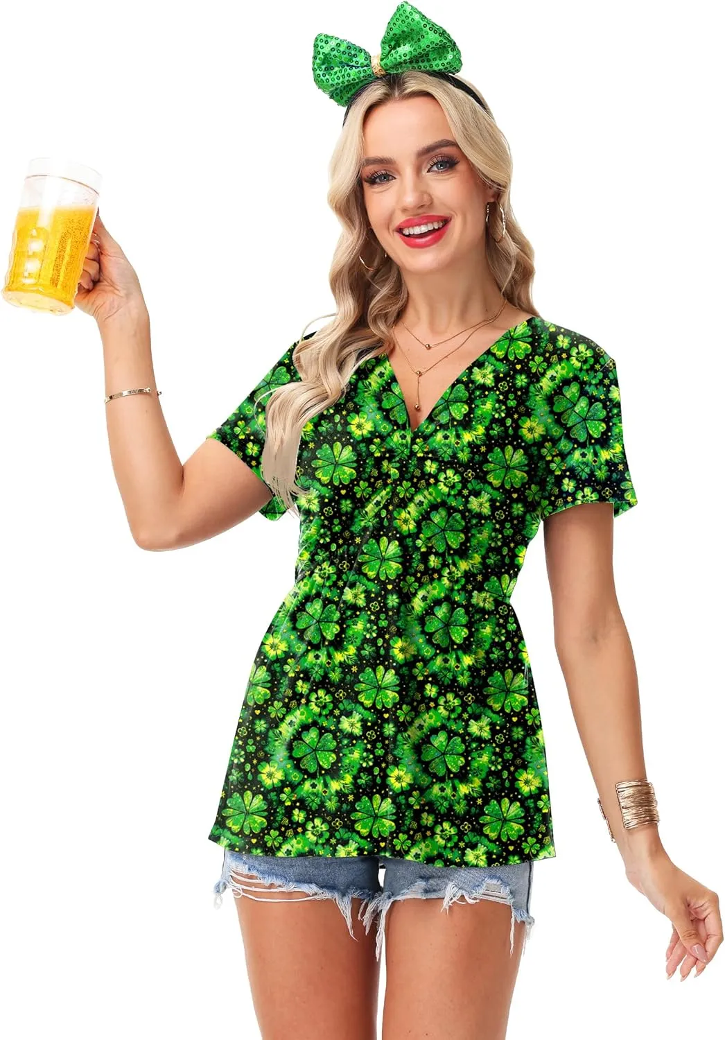 Deerose Women 4th of July Short Sleeve Shirt Patriotic V Neck Front Knotted Tunic Tops
