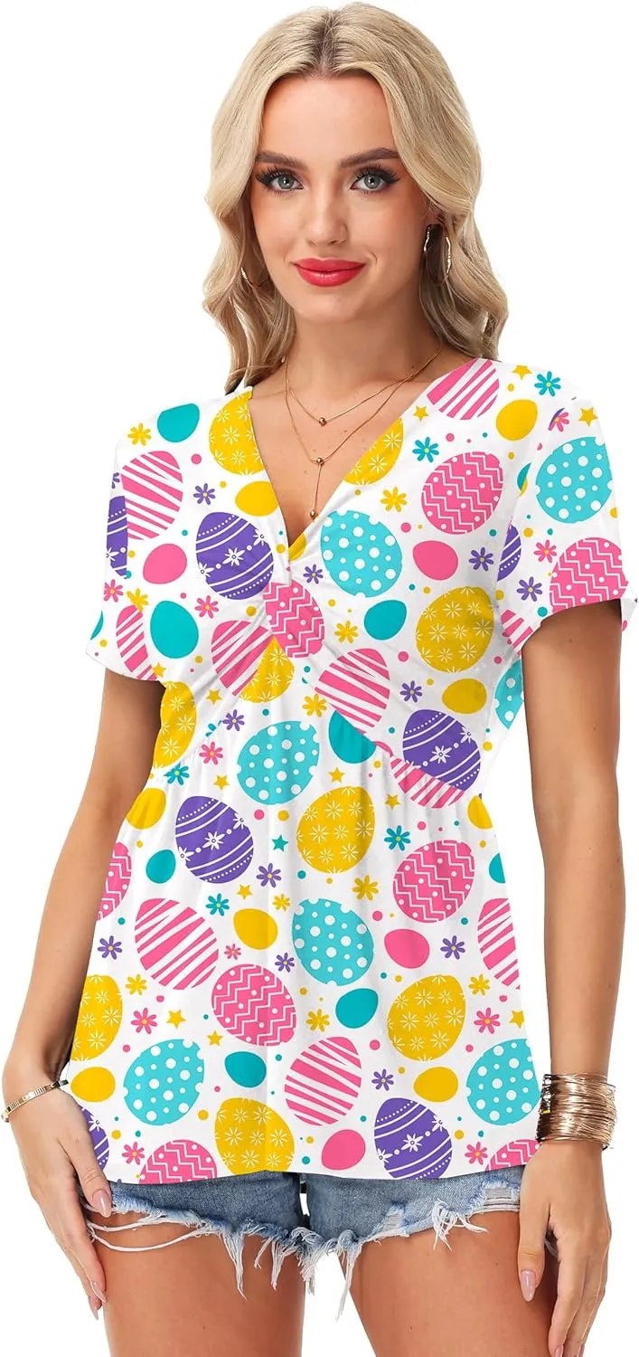 Deerose Women 4th of July Short Sleeve Shirt Patriotic V Neck Front Knotted Tunic Tops