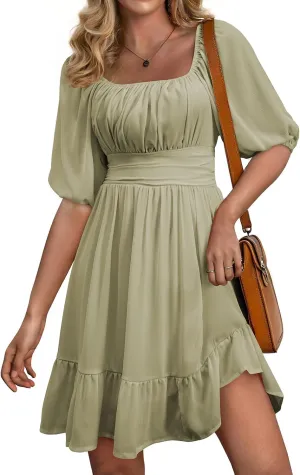 Dokotoo Womens Summer Dresses Square Neck Tie Back Lantern Sleeve Ruffle A-Line Casual Dress