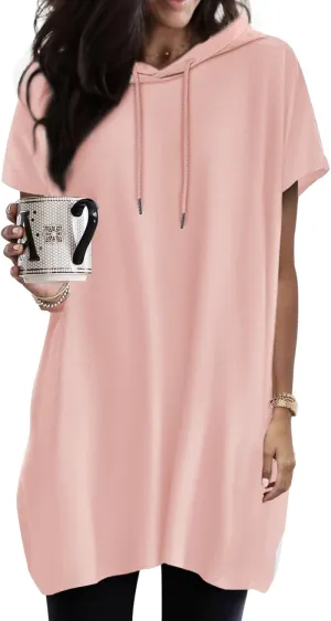 Dokotoo Womens Tops Dressy Casual Short Sleeve Oversized Tshirts Summer Hoodie Dress Tunics Tops Loose Fit Long Shirts