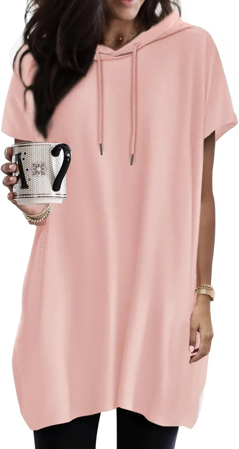 Dokotoo Womens Tops Dressy Casual Short Sleeve Oversized Tshirts Summer Hoodie Dress Tunics Tops Loose Fit Long Shirts