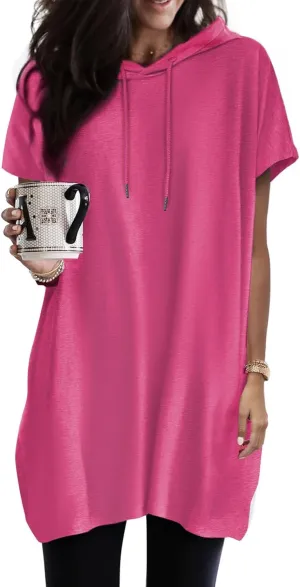 Dokotoo Womens Tops Dressy Casual Short Sleeve Oversized Tshirts Summer Hoodie Dress Tunics Tops Loose Fit Long Shirts
