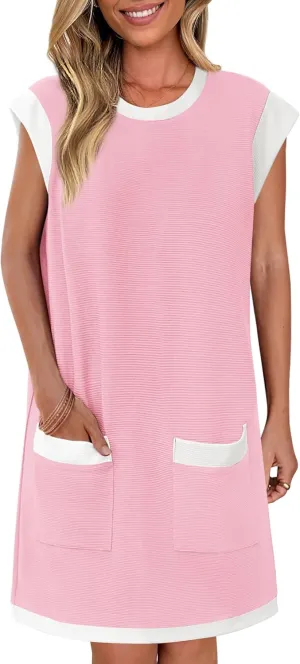 dowerme Women's Summer Dresses 2025 Casual Cap Sleeve Color Block Loose Maternity Sundress Knit Vacation Beach Outfits