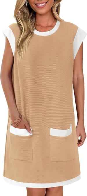 dowerme Women's Summer Dresses 2025 Casual Cap Sleeve Color Block Loose Maternity Sundress Knit Vacation Beach Outfits
