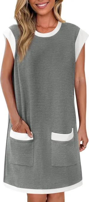 dowerme Women's Summer Dresses 2025 Casual Cap Sleeve Color Block Loose Maternity Sundress Knit Vacation Beach Outfits