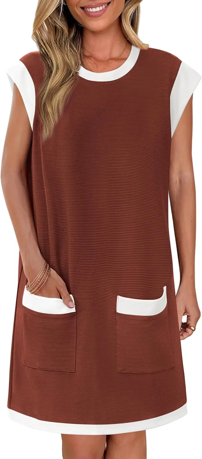 dowerme Women's Summer Dresses 2025 Casual Cap Sleeve Color Block Loose Maternity Sundress Knit Vacation Beach Outfits