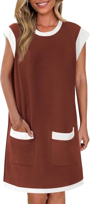 dowerme Women's Summer Dresses 2025 Casual Cap Sleeve Color Block Loose Maternity Sundress Knit Vacation Beach Outfits