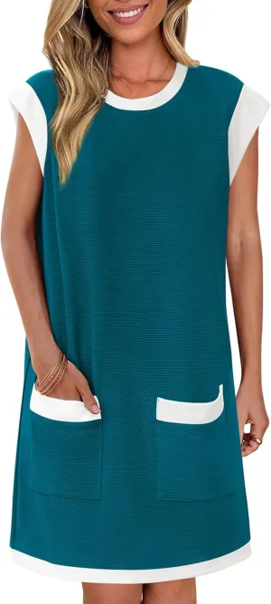 dowerme Women's Summer Dresses 2025 Casual Cap Sleeve Color Block Loose Maternity Sundress Knit Vacation Beach Outfits