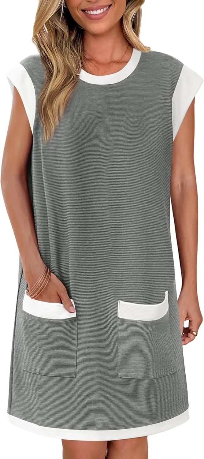 dowerme Women's Summer Dresses 2025 Casual Cap Sleeve Color Block Loose Maternity Sundress Knit Vacation Beach Outfits