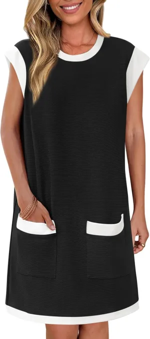 dowerme Women's Summer Dresses 2025 Casual Cap Sleeve Color Block Loose Maternity Sundress Knit Vacation Beach Outfits