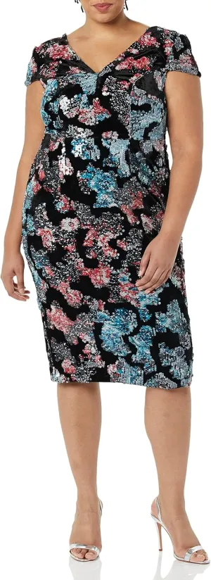 Dress the Population Women's Size Allison Plunging Sequin Fitted Midi Sheath Dress Plus