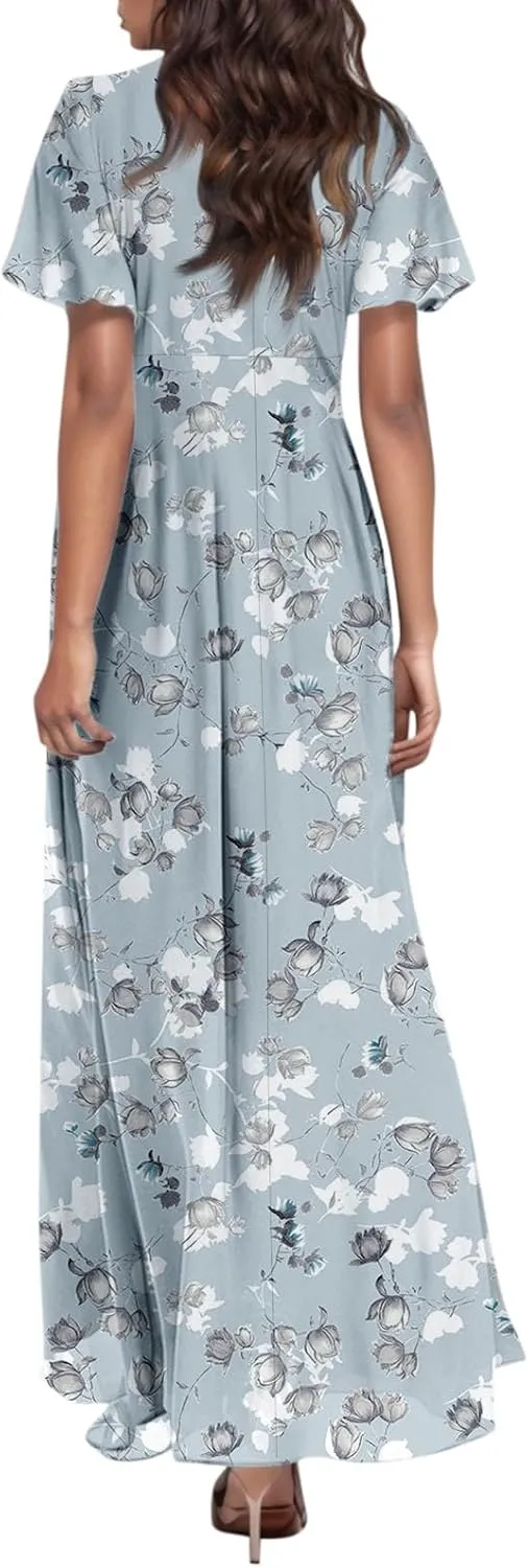 Easter Dresses for Women 2025 Summer Floral Chiffon Sun Dress Flowy Vacation Outfits Boho V Neck Ruffle Dress Beach Dress