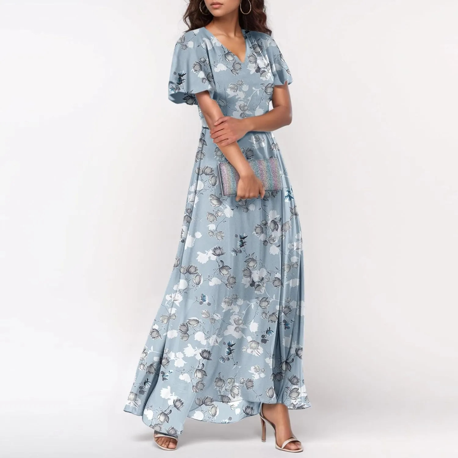 Easter Dresses for Women 2025 Summer Floral Chiffon Sun Dress Flowy Vacation Outfits Boho V Neck Ruffle Dress Beach Dress