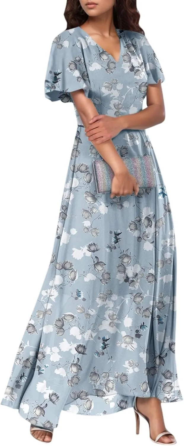 Easter Dresses for Women 2025 Summer Floral Chiffon Sun Dress Flowy Vacation Outfits Boho V Neck Ruffle Dress Beach Dress
