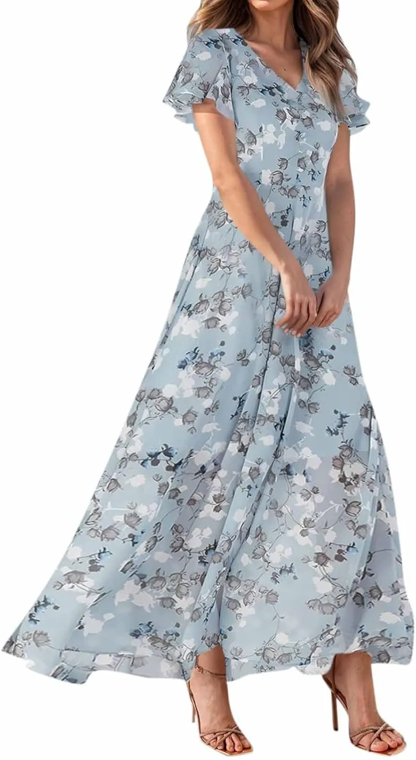 Easter Dresses for Women 2025 Summer Floral Chiffon Sun Dress Flowy Vacation Outfits Boho V Neck Ruffle Dress Beach Dress