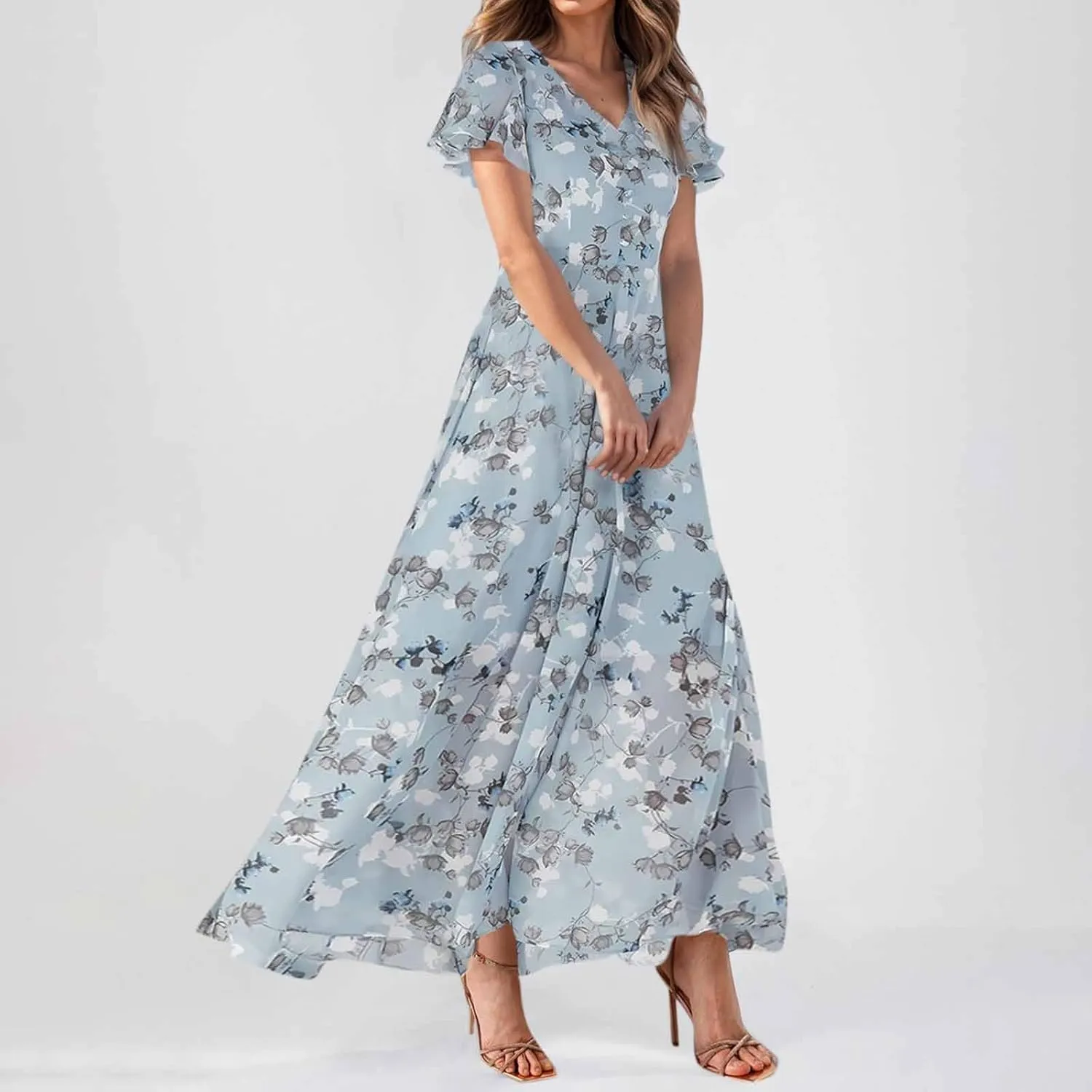 Easter Dresses for Women 2025 Summer Floral Chiffon Sun Dress Flowy Vacation Outfits Boho V Neck Ruffle Dress Beach Dress