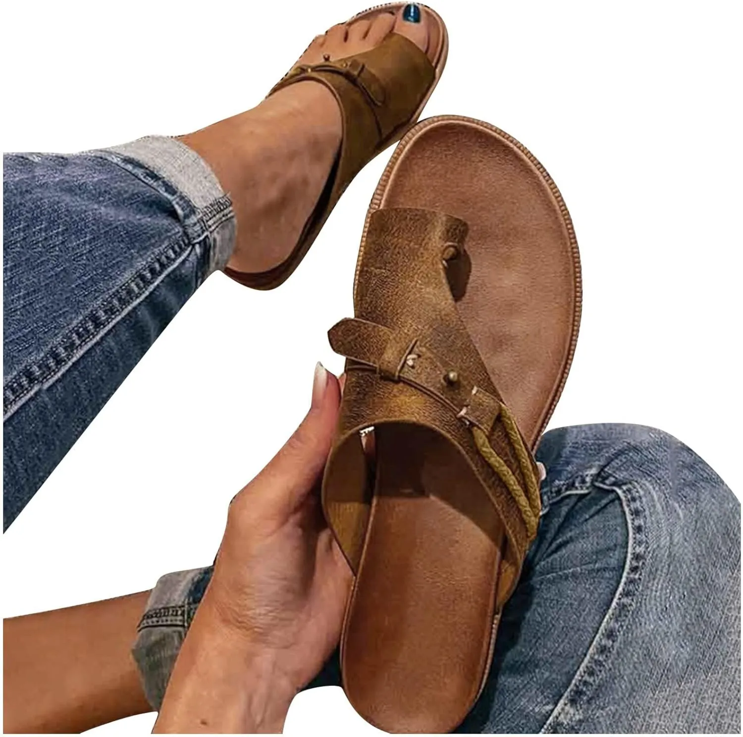 Eduavar Summer Sandals for Women 2023 Retro Thong Sandals Roman Shoes Leopard Sandal Ring Toe Slippers Casual Flat Sandals
