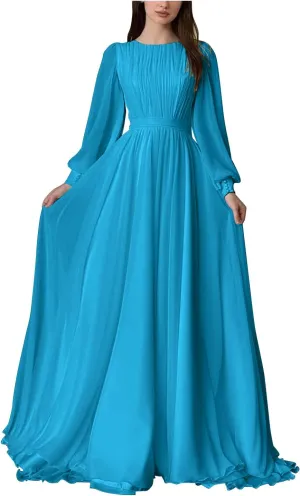 Elegant Chiffon Prom Dresses for Women with Sleeve Long Pleated Evening Gown A Line Crewneck Midi Dress M1003