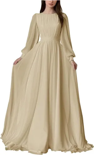 Elegant Chiffon Prom Dresses for Women with Sleeve Long Pleated Evening Gown A Line Crewneck Midi Dress M1003