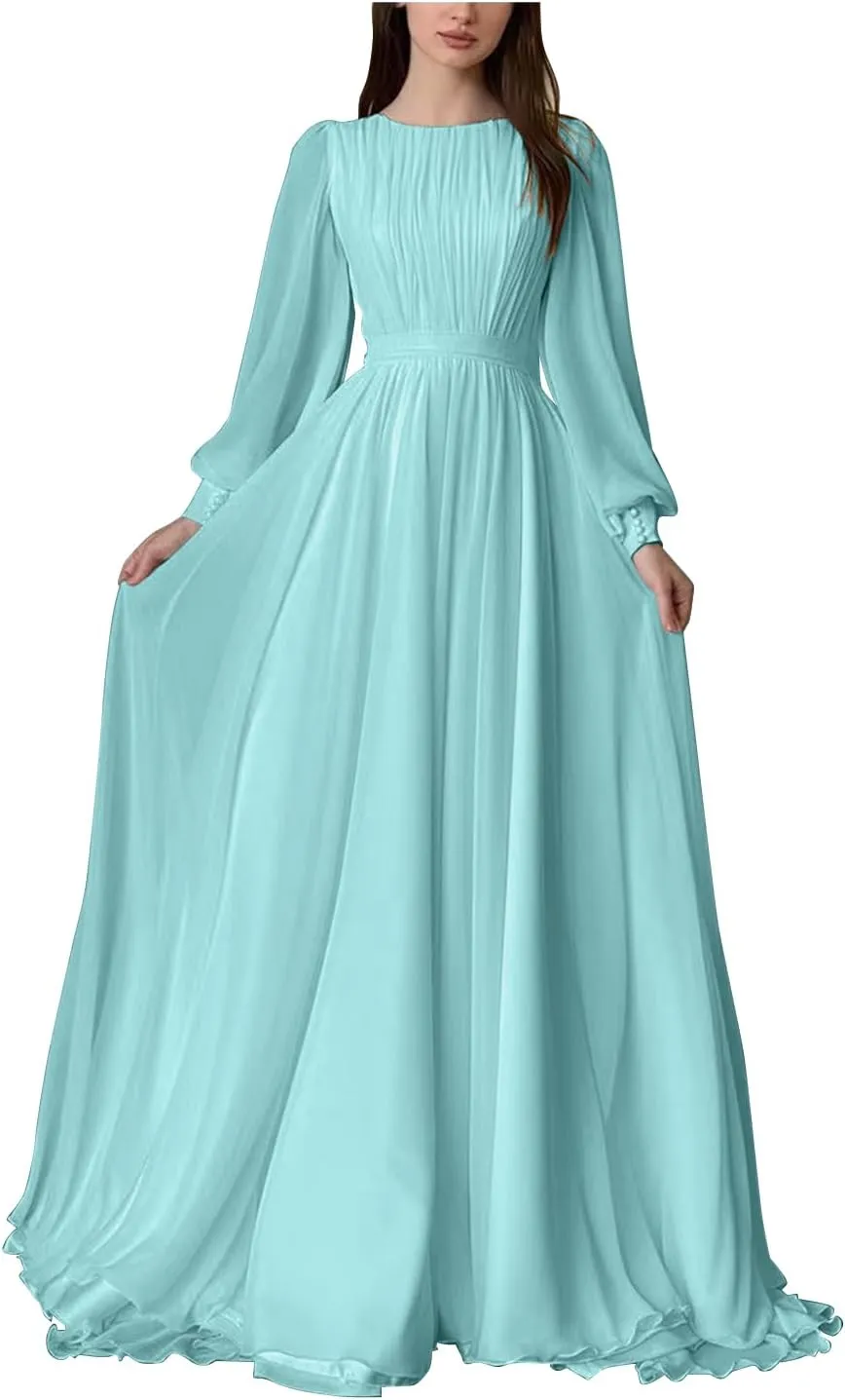 Elegant Chiffon Prom Dresses for Women with Sleeve Long Pleated Evening Gown A Line Crewneck Midi Dress M1003