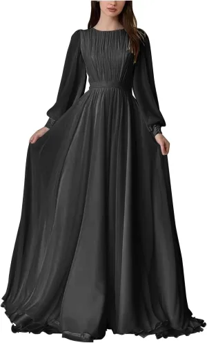 Elegant Chiffon Prom Dresses for Women with Sleeve Long Pleated Evening Gown A Line Crewneck Midi Dress M1003