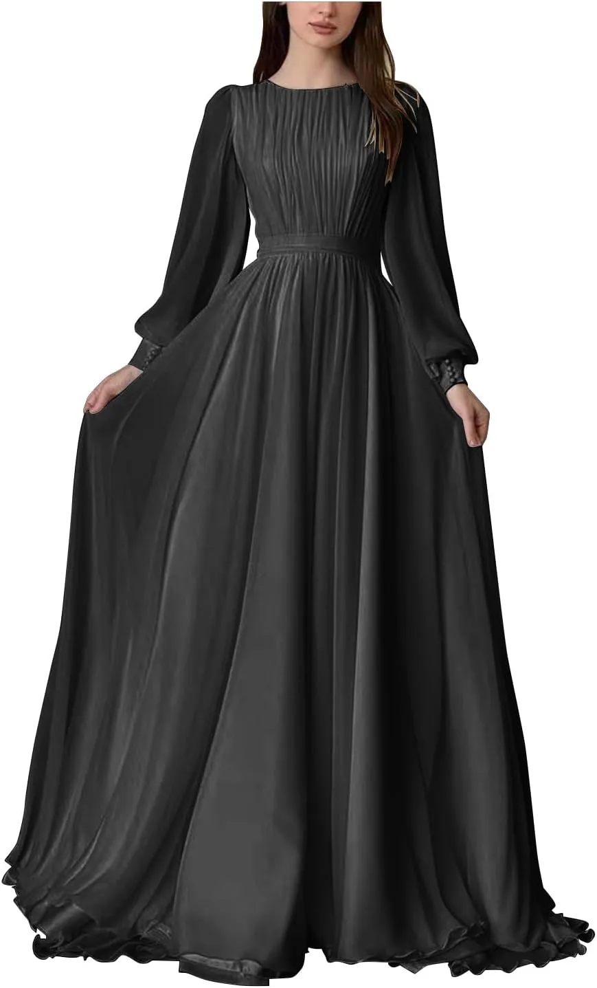 Elegant Chiffon Prom Dresses for Women with Sleeve Long Pleated Evening Gown A Line Crewneck Midi Dress M1003