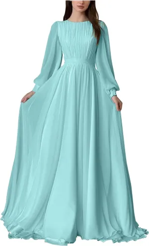 Elegant Chiffon Prom Dresses for Women with Sleeve Long Pleated Evening Gown A Line Crewneck Midi Dress M1003