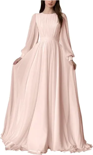 Elegant Chiffon Prom Dresses for Women with Sleeve Long Pleated Evening Gown A Line Crewneck Midi Dress M1003
