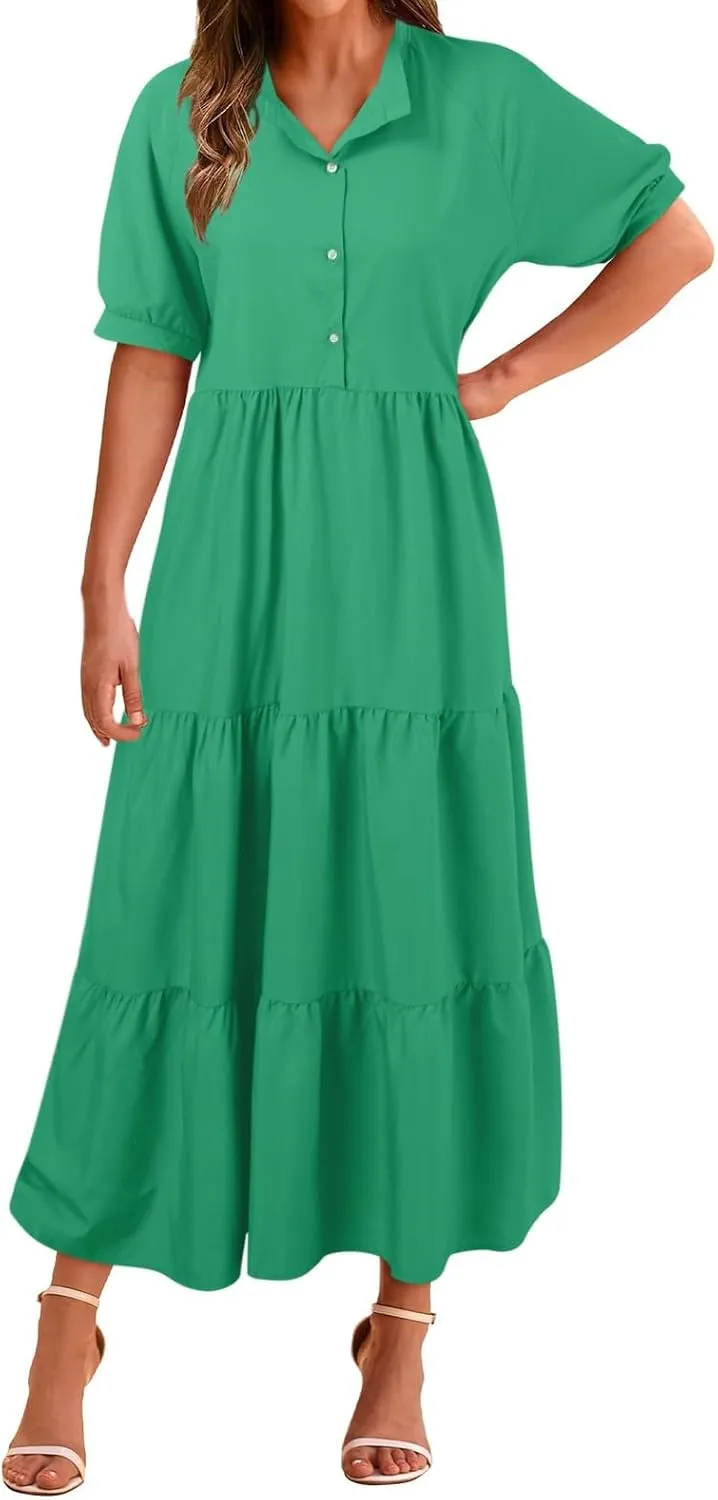 EMRELOD Women's Summer Dresses 2024 Casual Short Sleeve Button Loose Fit Pleated Boho Flowy Swing Long Beach Sun Dress