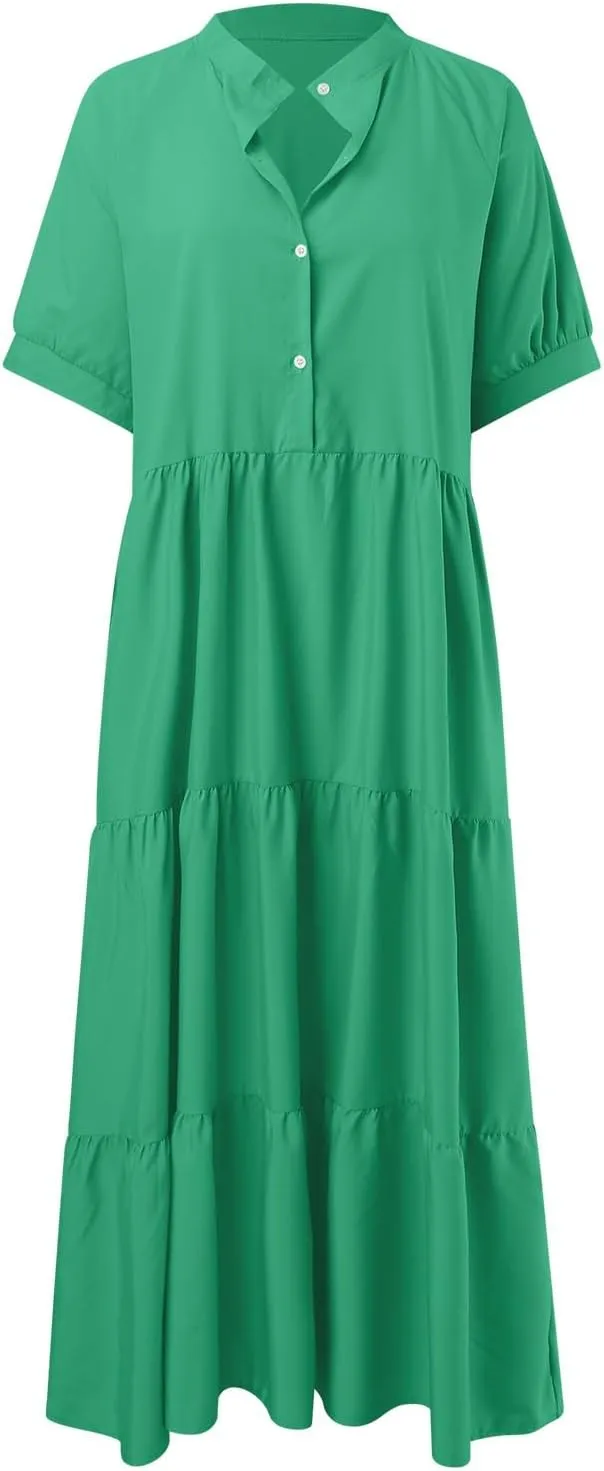 EMRELOD Women's Summer Dresses 2024 Casual Short Sleeve Button Loose Fit Pleated Boho Flowy Swing Long Beach Sun Dress