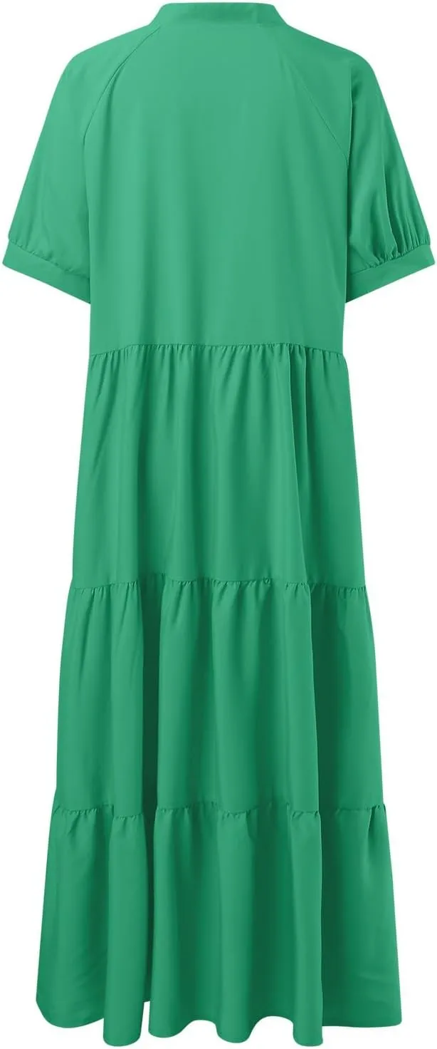 EMRELOD Women's Summer Dresses 2024 Casual Short Sleeve Button Loose Fit Pleated Boho Flowy Swing Long Beach Sun Dress
