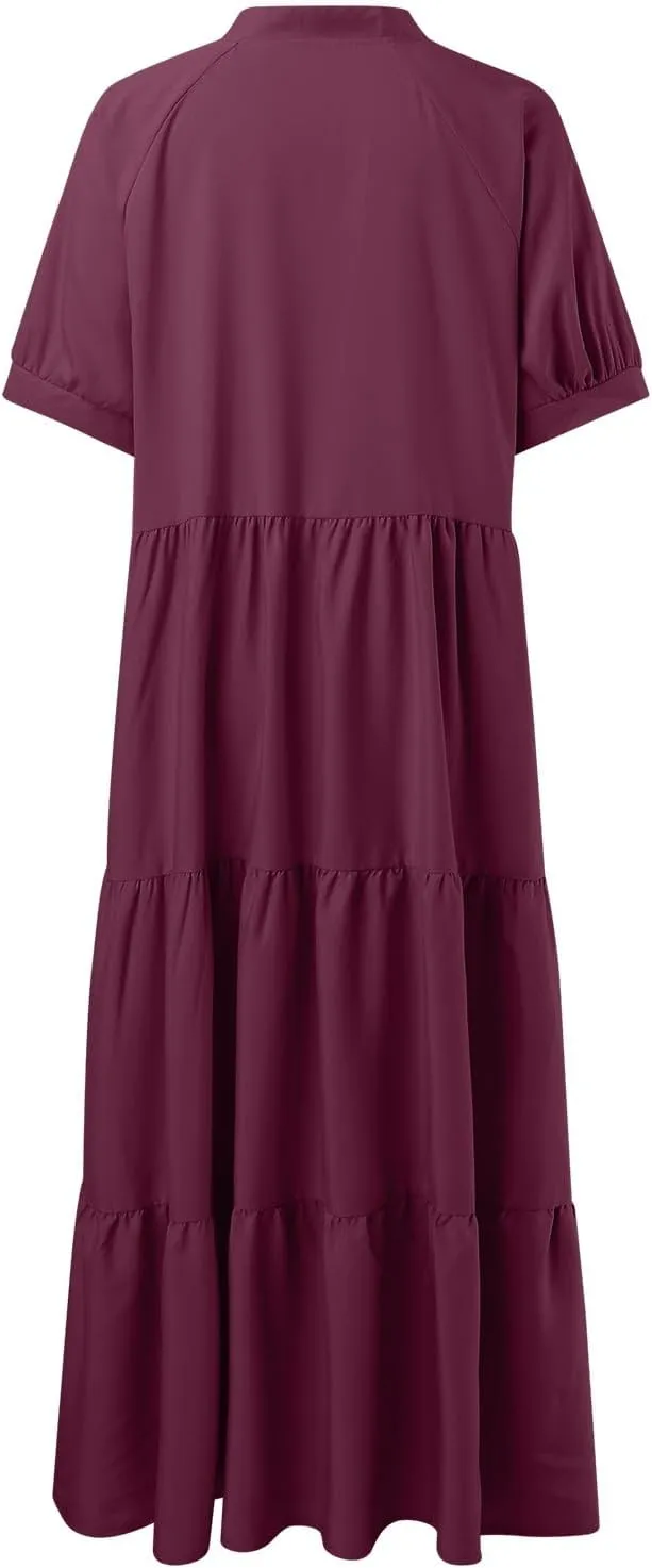EMRELOD Women's Summer Dresses 2024 Casual Short Sleeve Button Loose Fit Pleated Boho Flowy Swing Long Beach Sun Dress
