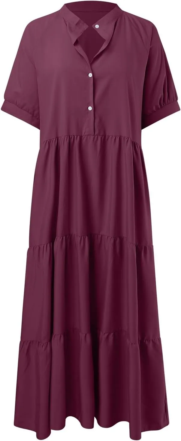 EMRELOD Women's Summer Dresses 2024 Casual Short Sleeve Button Loose Fit Pleated Boho Flowy Swing Long Beach Sun Dress