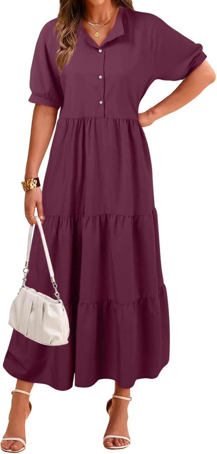 EMRELOD Women's Summer Dresses 2024 Casual Short Sleeve Button Loose Fit Pleated Boho Flowy Swing Long Beach Sun Dress