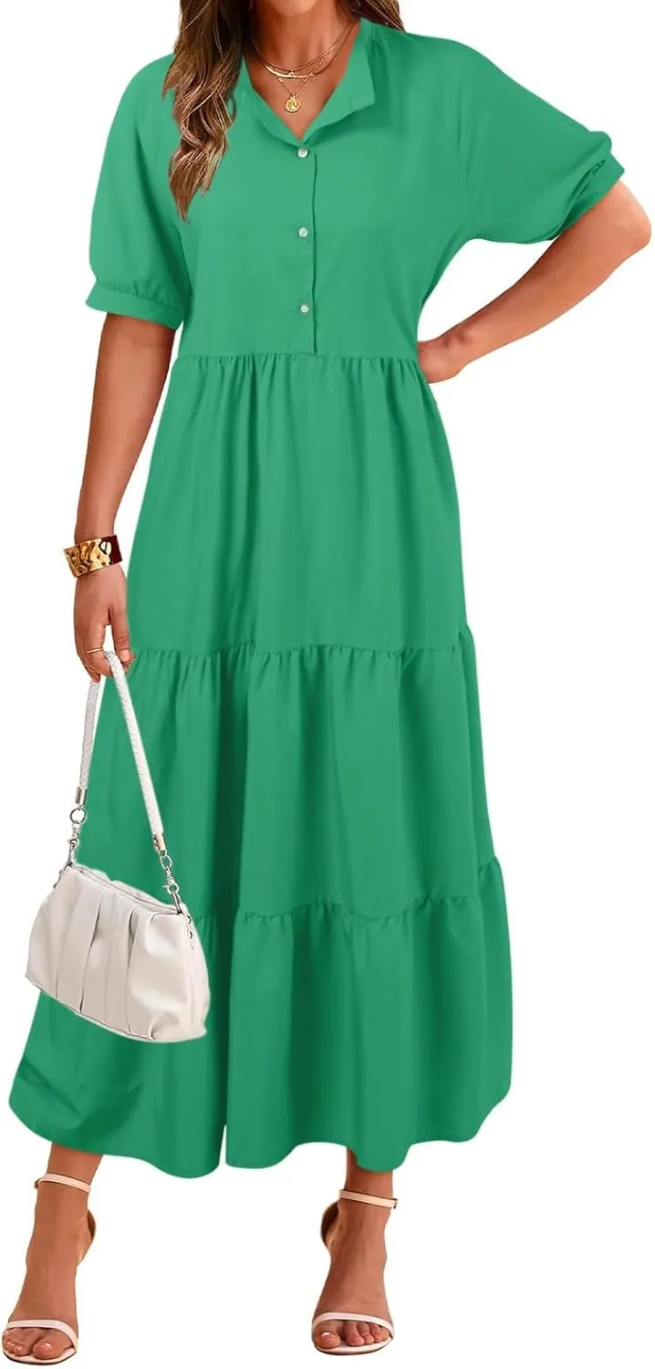 EMRELOD Women's Summer Dresses 2024 Casual Short Sleeve Button Loose Fit Pleated Boho Flowy Swing Long Beach Sun Dress