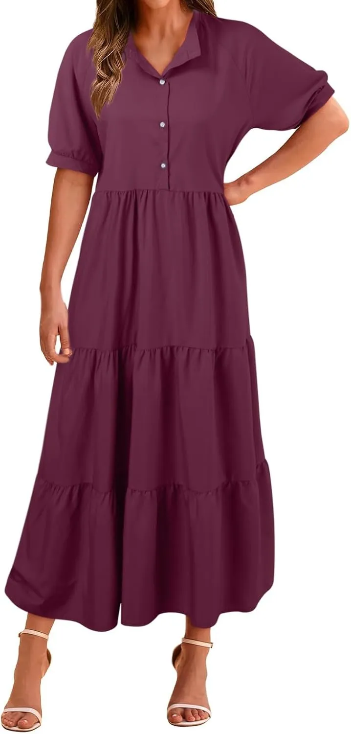 EMRELOD Women's Summer Dresses 2024 Casual Short Sleeve Button Loose Fit Pleated Boho Flowy Swing Long Beach Sun Dress