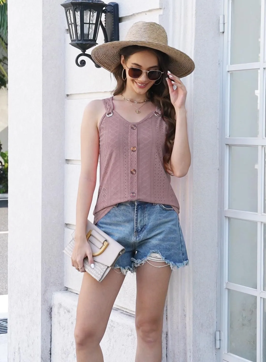 ETCYY Summer Tank Tops for Women 2025 Loose Fit Spring Outfits Lace Striped Tee Button Down Sleeveless T Shirts