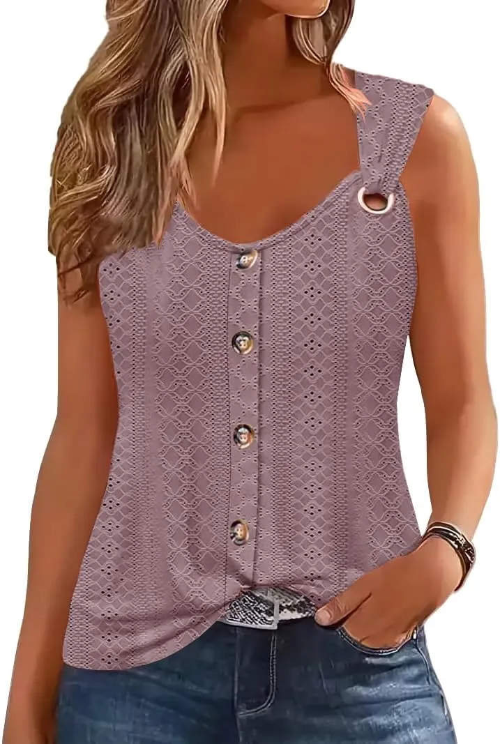 ETCYY Summer Tank Tops for Women 2025 Loose Fit Spring Outfits Lace Striped Tee Button Down Sleeveless T Shirts