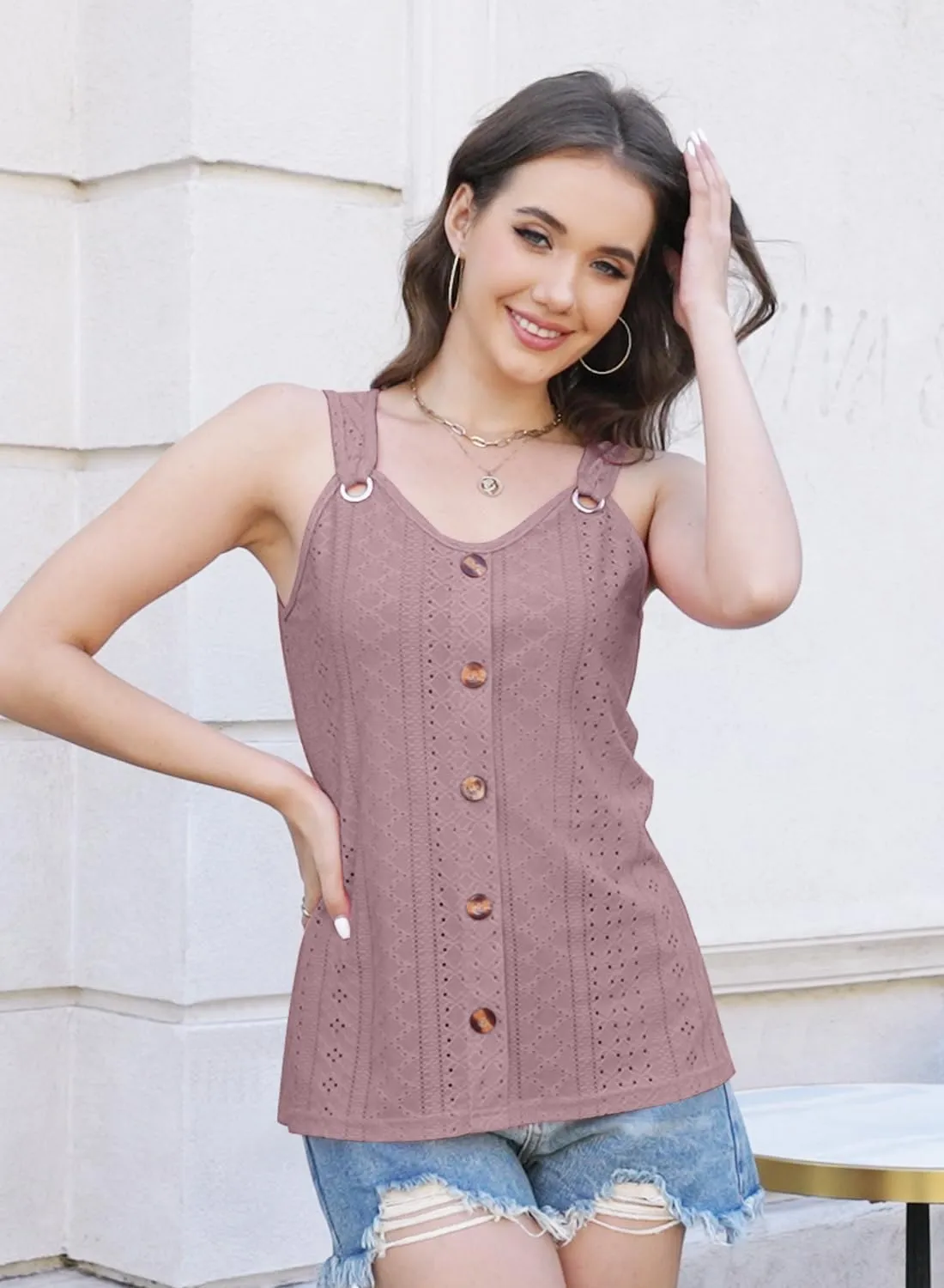 ETCYY Summer Tank Tops for Women 2025 Loose Fit Spring Outfits Lace Striped Tee Button Down Sleeveless T Shirts