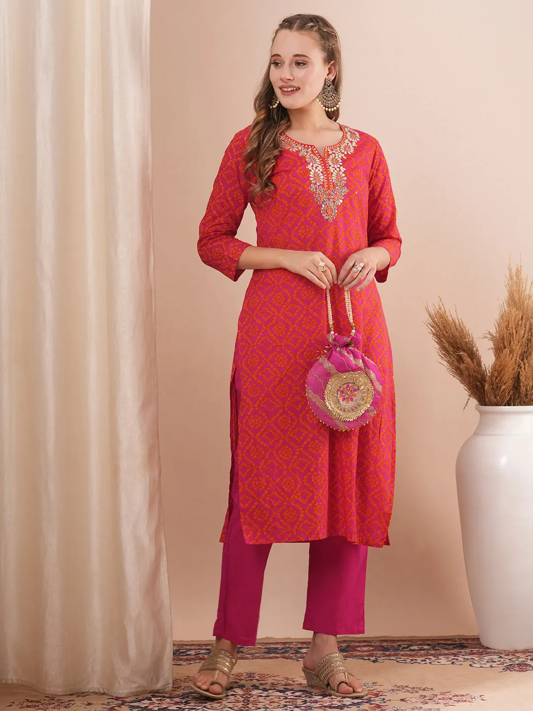Ethnic Bandhani Printed & Embroidered Straight Fit Kurta with Pant - Pink