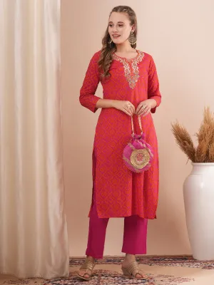 Ethnic Bandhani Printed & Embroidered Straight Fit Kurta with Pant - Pink