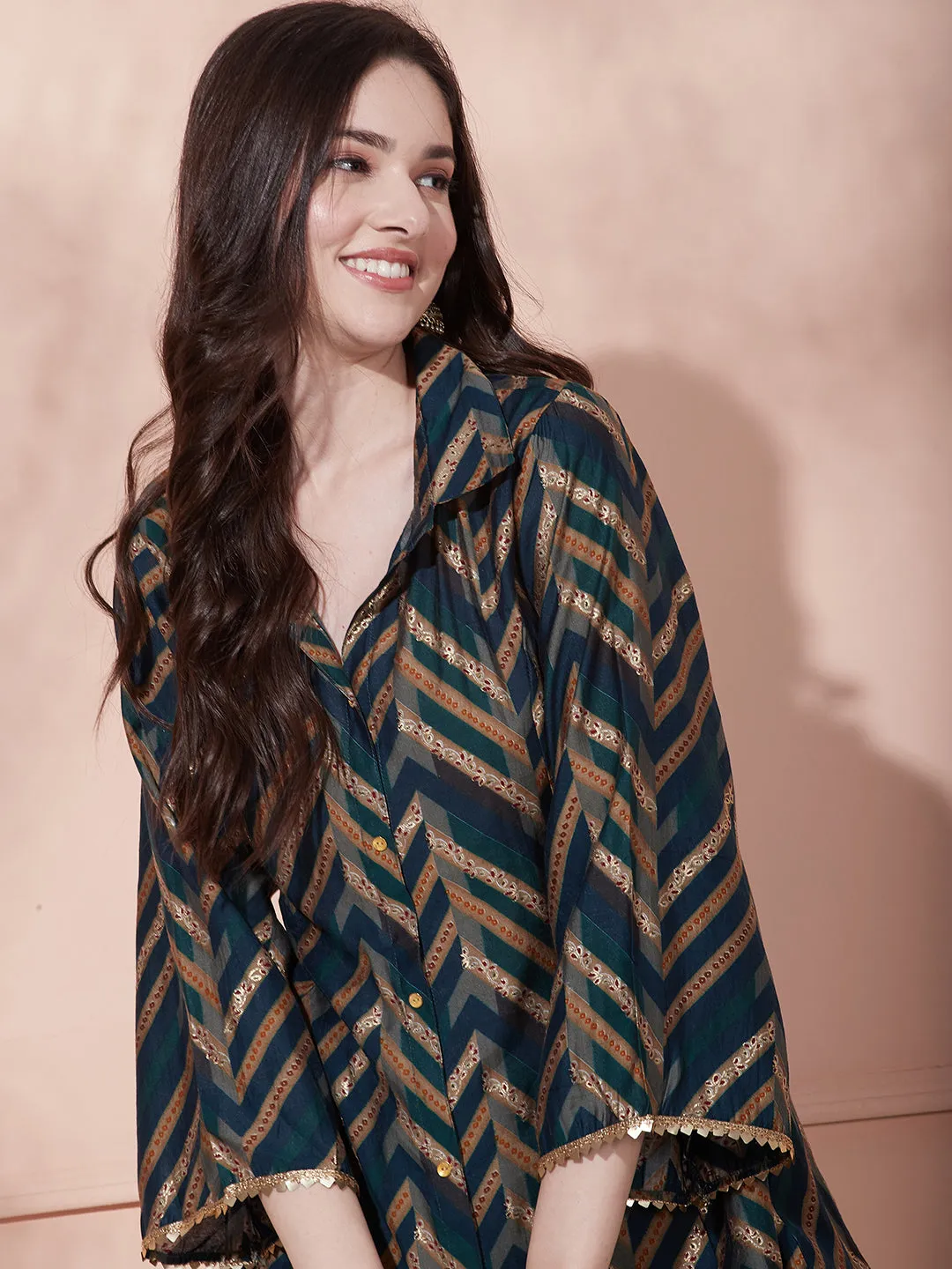 Ethnic Chevron Printed A-Line Paneled Kurta with Pant - Teal Blue