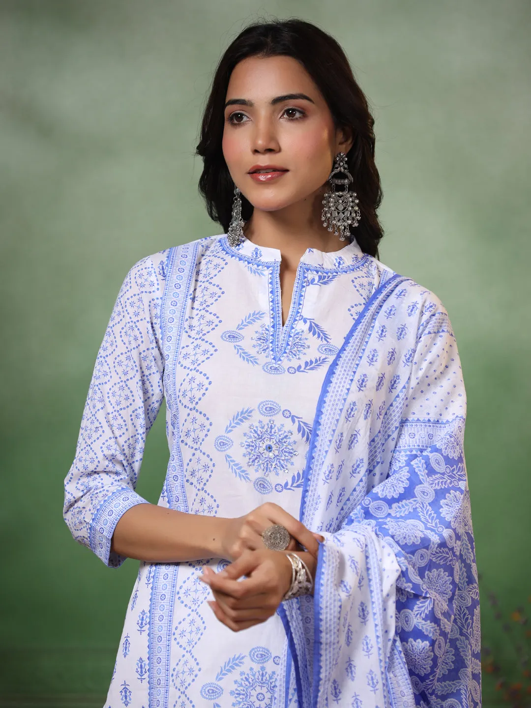 Ethnic Floral Printed Straight Kurta with Pant & Pure Cotton Dupatta - Off White