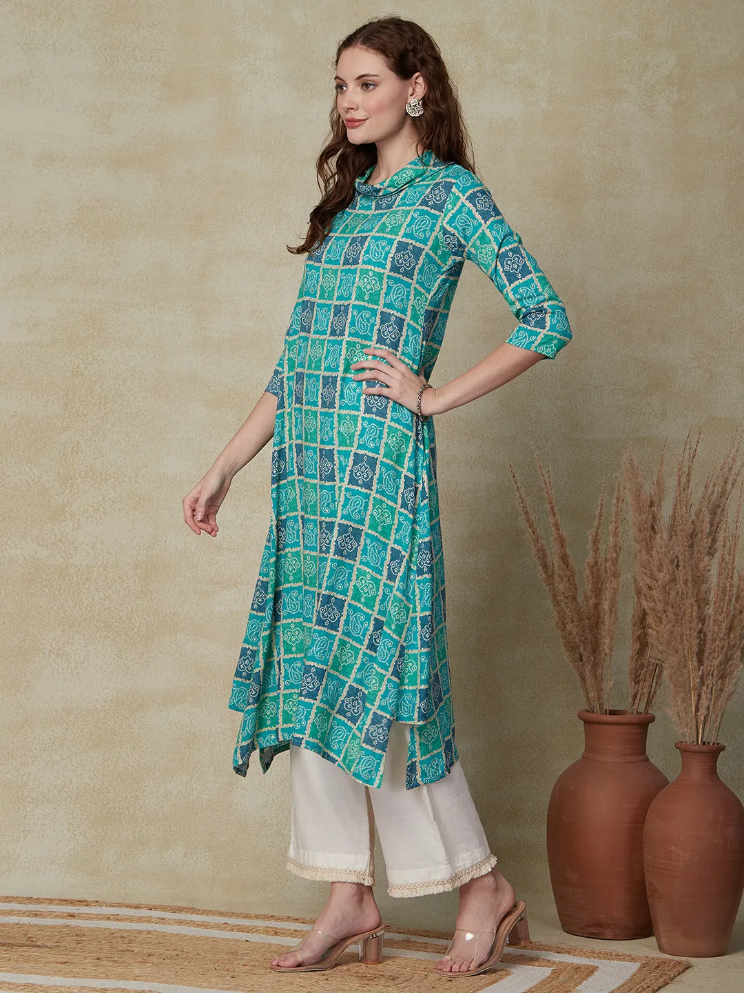 Ethnic Foil Printed Asymmetric Hem Indo-Western Midi Dress - Turquoise Blue