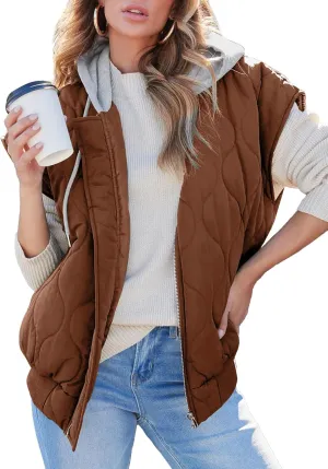 EVALESS Hooded Puffer Vest Women 2024 Zip Up Sleeveless Quilted Vests with Pockets