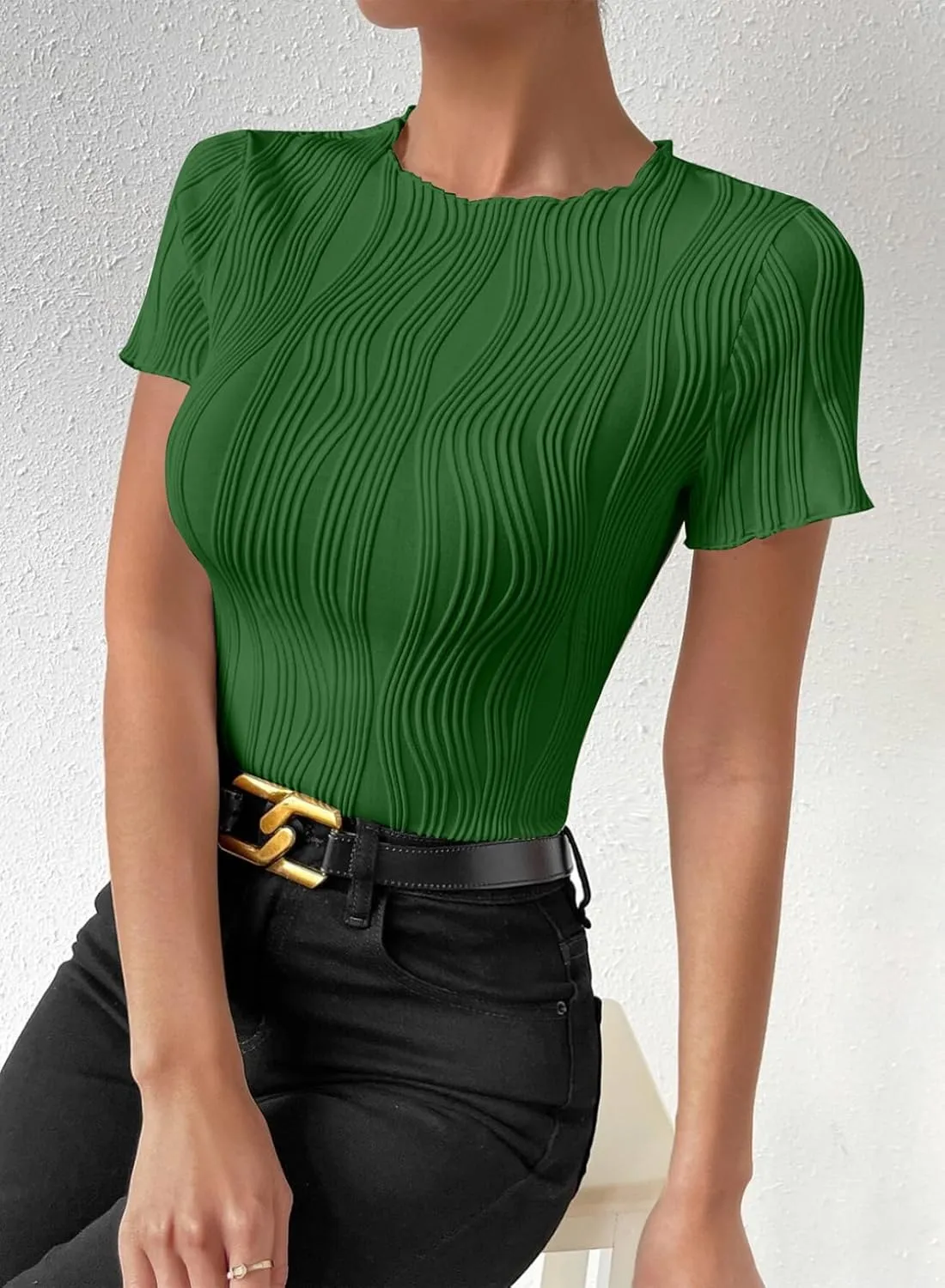 EVALESS Womens Short Sleeve Textured Tops Summer Casual Crewneck Solid Slim Fitted Basic T Shirts Tee Blouses