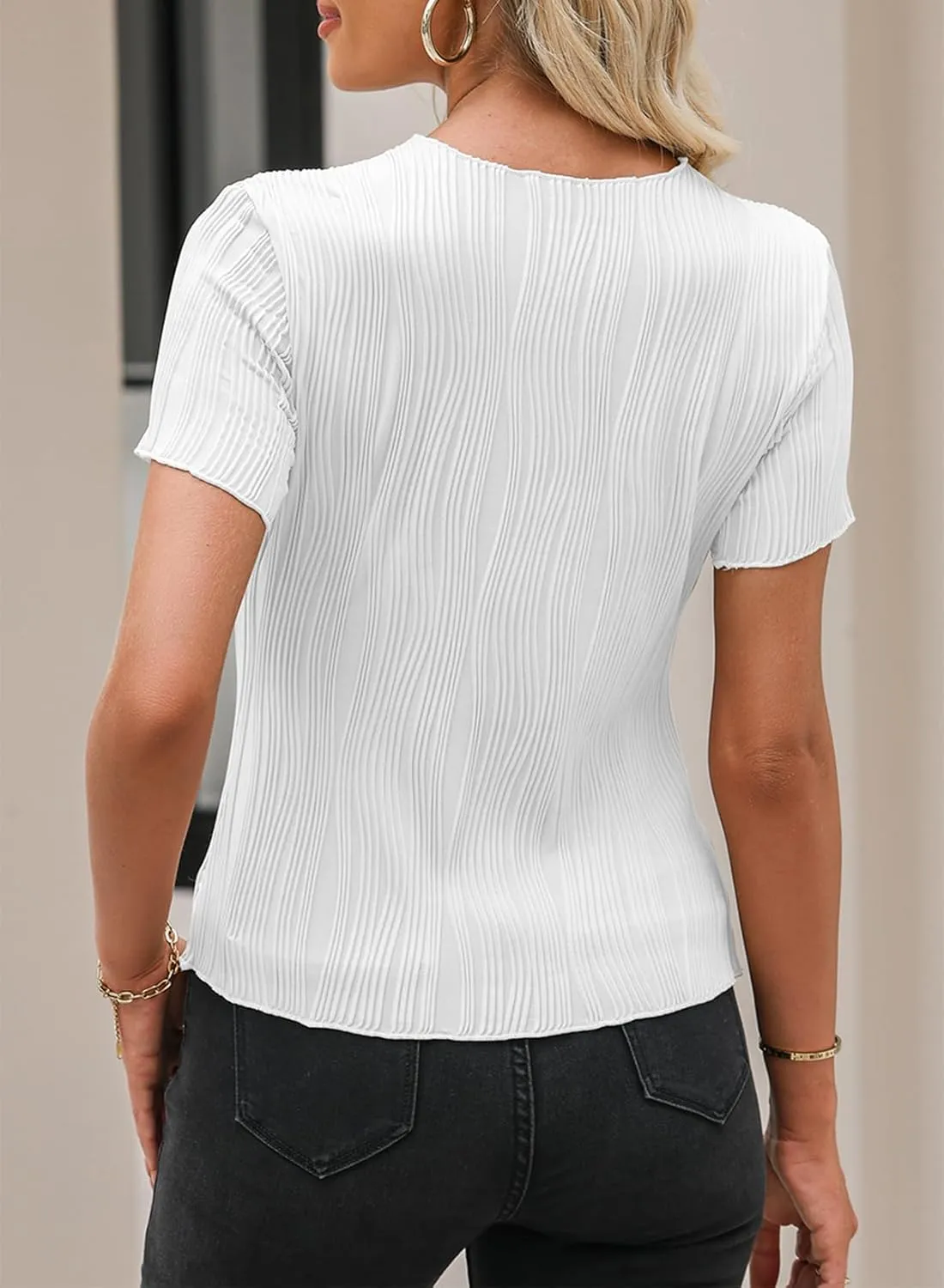 EVALESS Womens Short Sleeve Textured Tops Summer Casual Crewneck Solid Slim Fitted Basic T Shirts Tee Blouses